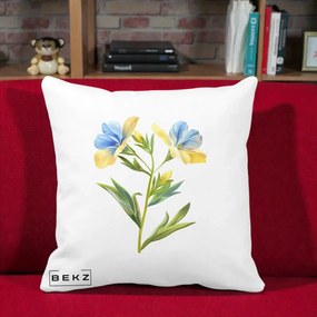 Perna Decorativa Botanica Frezie Galbena si Albastra, 40x40 cm, Alba Mata, Husa Detasabila, Perna Inclusa, BEKZ®