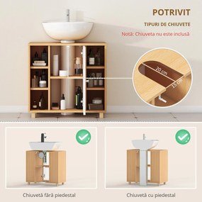 HOMCOM Dulap Sub Chiuvetă cu 2 Uși cu Închidere Lentă și 6 Rafturi Lemn natural | Aosom Romania