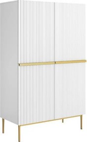Comodă înaltă Nicole 100 cm cu două uși, fronturi cu riflaj - alb mat / picioare aurii
