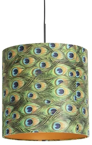 Lampă suspendată cu abajur din catifea păun cu auriu 40 cm - Combi