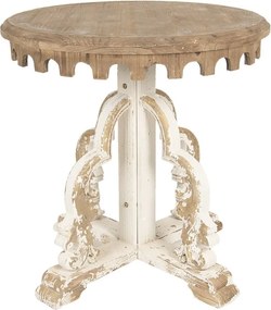 Măsuță laterală sculptată, rotundă, din lemn, natur și alb, cu bordură în arcade și console cu volute, finisaj antichizat, 81 x 80 cm, „Éléonore”