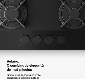 Klarstein Plită pe gaz Velaire, plită cu 4 arzătoare cu aprindere electrică, compatibilă cu gaz natural și GPL, 8000W, 60cm