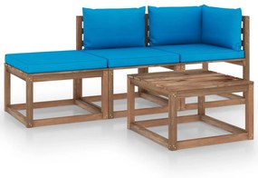Set mobilier gradina paleti cu perne, 4 piese, lemn pin tratat Albastru deschis, colt + mijloc + suport pentru picioare + masa, 1