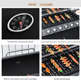 Gratar pe Gaz cu Capac Outsunny, 7 Arzatoare, Raft, 2 Roti, Negru 135x50x100cm | Aosom Romania