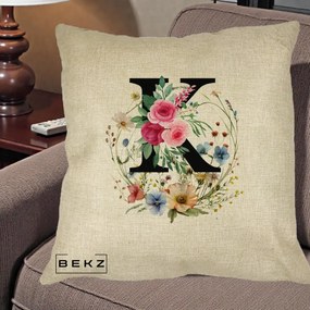 Cadou Personalizat - Perna Personalizata Monogram Litera K cu Flori Acuarela, 40x40 cm, Crem, Husa Detasabila, Perna Inclusa, BEKZ®