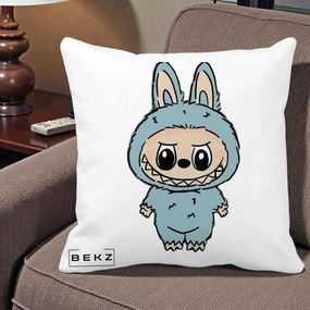 Perna Personalizata Labubu Albastru-Gri Solo, 40x40 cm, Alba Mata, Husa Detasabila, Perna Inclusa, BEKZ®