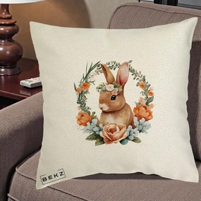 Perna Decorativa Iepuras Floral Coronita Acuarela, 40x40 cm, Ecru, Husa Detasabila, Perna Inclusa, BEKZ®