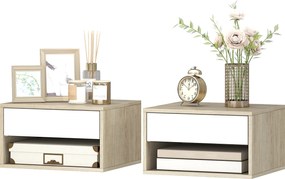 HOMCOM Set de 2 noptiere montate pe perete, noptiere, sertar, compartiment deschis, blat, 37 x 32 x 21 cm, lemn natural | Aosom Romania