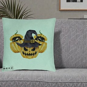 Perna Decorativa Trio Dovleci Jack-o-Lantern cu Palarie Vrajitoare, 40x40 cm, Verde Menta, Husa Detasabila, Perna Inclusa, BEKZ®