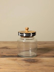 Borcan din sticlă cu capac din lemn de mango negru, model cu frunze stilizate albe, 21 × 15 cm, „Sylve"