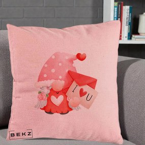Cadou Romantic - Perna Personalizata I Love You Gnome Valentine cu Scrisoare, 40x40 cm, Roz, Husa Detasabila, Perna Inclusa, BEKZ®