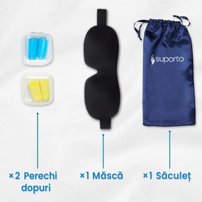 Masca de dormit Suporto 3D cu saculet Albastru Închis, masca de somn premium, reglabila, blochează lumina în totalitate, cu 2 Seturi de dopuri de