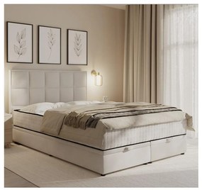 Pat tapițat GRACE 160x200 cm, bej, cu saltele incluse și spațiu de depozitare