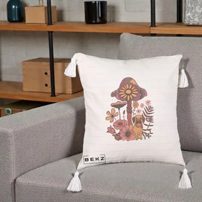 Perna Decorativa Ciuperca Caine Boho, 40x40 cm, Bej cu Franjuri, Husa Detasabila, Perna Inclusa, BEKZ®
