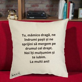 Cadou pentru Mama - Perna Personalizata Mamico Draga Te Iubim La Multi Ani cu Text Negru, 40x40 cm, Ecru, Husa Detasabila, Perna Inclusa, BEKZ®