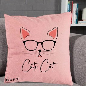 Perna Personalizata Cute Cat cu Ochelari, 40x40 cm, Roz, Husa Detasabila, Perna Inclusa, BEKZ®