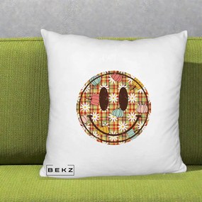 Perna Decorativa Smiley Face de Toamna cu Tartan si Dovlecei, 40x40 cm, Alb Pufos, Husa Detasabila, Perna Inclusa, BEKZ®