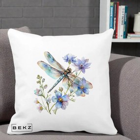 Perna Decorativa Libelula Acuarela Flori Albastre, 40x40 cm, Alba Mata, Husa Detasabila, Perna Inclusa, BEKZ®