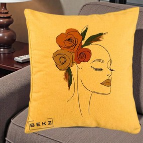 Perna Decorativa Portret Feminin Trandafiri Ruginii, 40x40 cm, Galben, Husa Detasabila, Perna Inclusa, BEKZ®