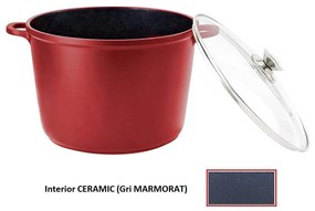 Oală din Aluminiu, 10 Litri, Termorezistentă, Interior din Ceramică Marmorată (Anti-Aderent), Capac din Sticlă, Bază 3 Straturi (Inducție)