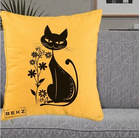 Perna Decorativa Pisica Neagra Grafica Minimalista, 40x40 cm, Galben, Husa Detasabila, Perna Inclusa, BEKZ®