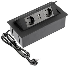 Priza incastrabila dreptunghiulara , 2 prize schuko 2 USB 5V 2.1A, cablu 1.5m, neagra, GTV