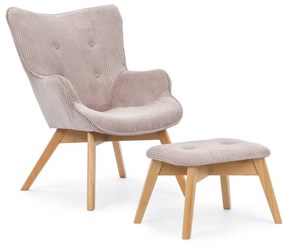 Fotoliu cu taburet roz deschis cu tapițerie din catifea reiată Niko – Ropez