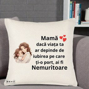 Cadou pentru Mama - Perna Personalizata Mama Nemuritoare cu Balon Inima, 40x40 cm, Crem Reliefat, Husa Detasabila, Perna Inclusa, BEKZ®