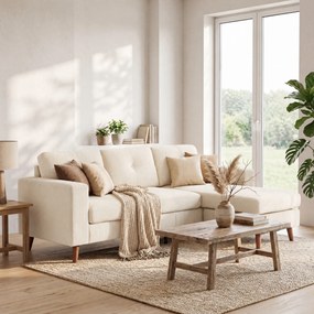 HOMCOM Canapea colțar 192 cm în formă de L, canapea 3 locuri cu chaise-longue reversibilă, aspect cord, pentru spații mici, alb crem | Aosom Romania