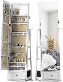 HOMCOM Oglindă-dulap pentru bijuterii cu LED-uri Dulap pentru bijuterii cu oglindă integrală Rotativ 360° Sertar Încuietoare Alb | Aosom Romania