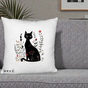 Perna Decorativa Pisica Neagra Botanica Rosu-Gri, 40x40 cm, Alb Pufos, Husa Detasabila, Perna Inclusa, BEKZ®