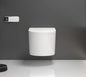 Smart WC G02 – Vas de Toaletă Inteligent Suspendat cu deschidere automată, sterilizare UV, capac încălzit, uscare cu aer cald, afișaj LED, evacuare P-Trap, Alb