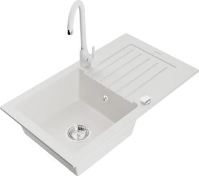 Mexen Pablo chiuvetă de granit cu 1 compartiment cu picurător și baterie bucătărie Telma, albă - 6510-20-670200-20