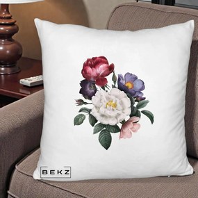Perna Decorativa Buchet Trandafiri Bujori Botanical, 40x40 cm, Alb Pufos, Husa Detasabila, Perna Inclusa, BEKZ®