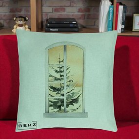Perna Decorativa Fereastra cu Brad de Iarna, 40x40 cm, Verde Menta, Husa Detasabila, Perna Inclusa, BEKZ®
