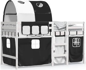 vidaXL Pat etajat de copii cu tunel alb/negru 90x190 cm lemn masiv pin