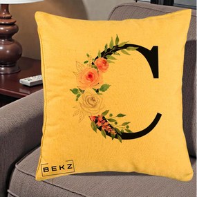 Cadou Personalizat - Perna Personalizata Monograma Florala Litera C, 40x40 cm, Galben, Husa Detasabila, Perna Inclusa, BEKZ®