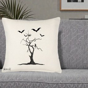 Perna Decorativa Halloween Copac cu Lilieci Alb-Negru, 40x40 cm, Crem Reliefat, Husa Detasabila, Perna Inclusa, BEKZ®
