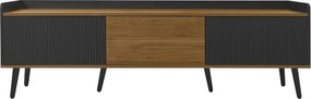 Comodă TV cu 3 uși, picioare din lemn și margine înaltă, 160x39x49,5 cm, Culoare naturală+Negru