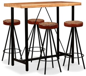 vidaXL Set mobilier bar, 5 piese, lemn acacia, piele naturală & pânză