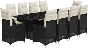 vidaXL Set bistro de grădină, 11 piese, cu perne, negru, poliratan