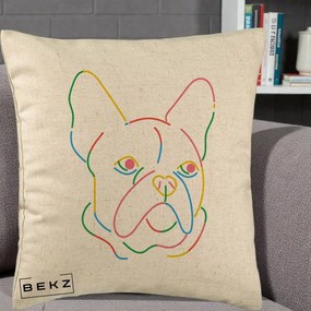 Perna Decorativa Bulldog Francez Line Art Curcubeu, 40x40 cm, Bej, Husa Detasabila, Perna Inclusa, BEKZ®