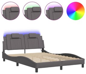 3214025 vidaXL Cadru de pat cu lumini LED, gri, 140x200 cm, piele ecologică