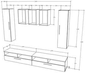 Living haaus Haga V9, Alb Lucios/Negru, MDF, L 240 cm