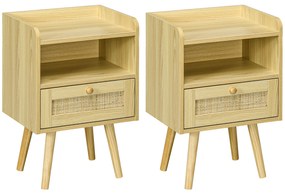 HOMCOM Set de 2 noptiere cu sertar efect răchită și spațiu deschis, 40 x 30 x 60 cm, efect lemn natural | Aosom Romania