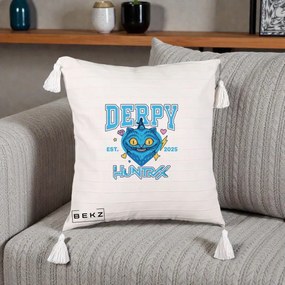 Perna Personalizata K-pop HUNTRX Derpy Pisica Albastra, 40x40 cm, Bej cu Franjuri, Husa Detasabila, Perna Inclusa, BEKZ®