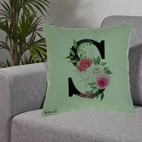 Cadou Personalizat - Perna Personalizata Monograma Florala Litera S, 40x40 cm, Verde, Husa Detasabila, Perna Inclusa, BEKZ®