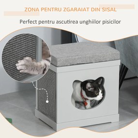 Culcus din lemn pentru pisici cu 2 covorase pentru zgariat 41x30x36 cm gri PawHut | Aosom RO