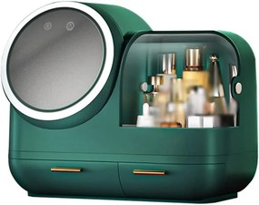 Organizator cosmetic cu Ventilator, Oglindă iluminare LED, rotativă 360 grade, portabilă, incarcare USB, depozitare compartimentata, cu sertare, 31x37,5x22 cm, Verde