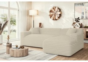 Colțar bej cu tapițerie din catifea reiată (cu colț pe partea dreaptă, cu șezlong) Martin – Ropez